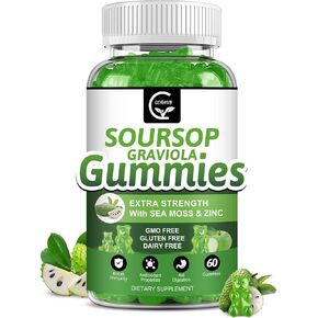 Organic Soursop Graviola Gummies - 2200mg Extra Strength Soursop Leaves Extract w/Sea Moss Extract 200mg, Zinc & Vitamin C - Supports Immunity, Liver, Zzz & Antioxidant, Gluten Free, Vegan, 60 Gummies