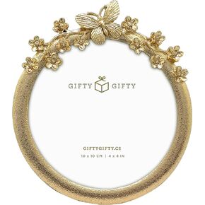 Circular Butterfly & Floral Photo Frame / 4x4 In | For Tabletop Display | Perfect for Home Decor, Wedding, Graduation, Or Milestone Photos (Gold)