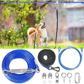 XiaZ Dog Tie Out Cable, 100ft Dog Trolley Runner Cable for Dogs up to 250lbs, Dog Lead for Yard, Camping, Outdoor, with 8 Ft Nylon Bungee Runner, Cable Sling to Protect Trees