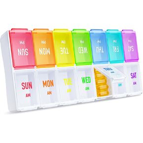 ZIKEE Rainbow Weekly Pill Organizer 2 Times a Day for Easy Tracking, AM PM Pill Case, Large 7 Day Pill Box Twice a Day, BPA-Free Medication Organizer for Pills, Vitamins, Fish Oils, Supplements