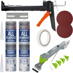 Caulking Tool Kit, Caulking Gun, 2 White/Clear Silicone Sealant with Dripless Gun - All-Purpose 100% Silicone Caulk (20 oz Tube), and 5 in 1 Scraper/Smoothing Tool, Sandpaper, Gloves and Masking Tape