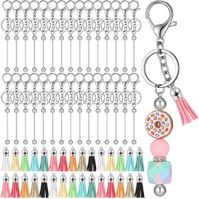Huquary 30 Set Beadable Keychain Bars, Including Silver Blanks Bead Keychain and Colorful Leather Keychain Tassels Bulk for Jewelry Making Bracelet Crafts Pendant DIY Accessories