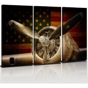 Airplane Wall Art Aviation Wall Decor for Men Office Living Room Home Decorations Vintage Airplane Propeller Decor Military Fighter Canvas Pictures Retro American Flag Posters Artwork 16x32" 3Pcs