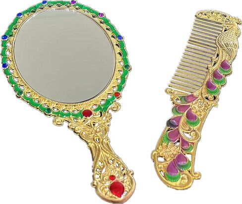 تانغ سونغ 1 مجموعة خمر قصر نمط روز مشط ومرآة هدية مجموعة مستحضرات التجميل ماكياج مرآة جوهرة (الذهبي) in Kuwait