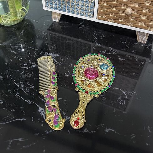 تانغ سونغ 1 مجموعة خمر قصر نمط روز مشط ومرآة هدية مجموعة مستحضرات التجميل ماكياج مرآة جوهرة (الذهبي) in Kuwait