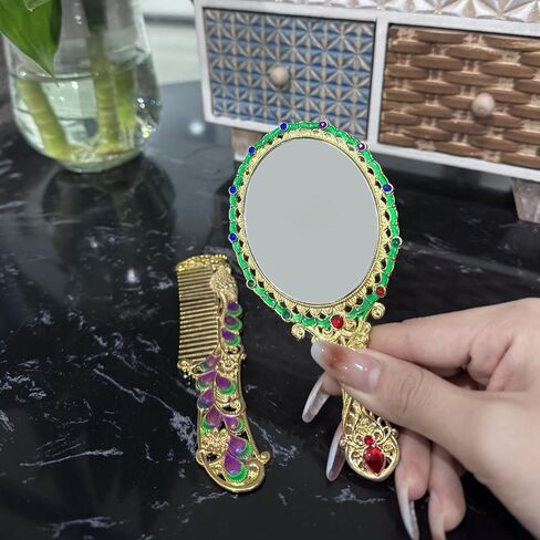 تانغ سونغ 1 مجموعة خمر قصر نمط روز مشط ومرآة هدية مجموعة مستحضرات التجميل ماكياج مرآة جوهرة (الذهبي) in Kuwait