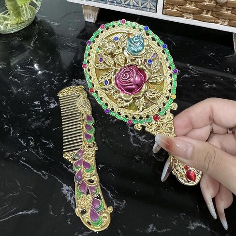 تانغ سونغ 1 مجموعة خمر قصر نمط روز مشط ومرآة هدية مجموعة مستحضرات التجميل ماكياج مرآة جوهرة (الذهبي) in Kuwait