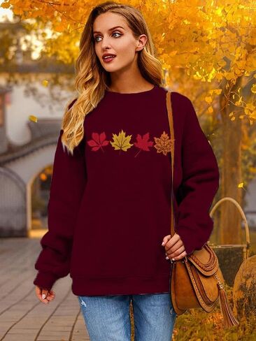 ALLTB Fall Sweatshirts for Women Embroidered Tops: Maple Leaf Graphic Crewneck Sweatshirt Casual Long Sleeve Pullover in Saudi Arabia
