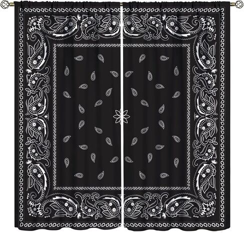 Bandana Curtains White Floral Paisley Black Bandana Pattern Abstract Blackout Rod Pocket Curtains for Bedroom Living Room Kitchen Decor Thermal Insulated Window Drapes 2 Panel Set 42x45 Inch in Saudi Arabia