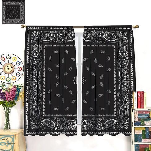 Bandana Curtains White Floral Paisley Black Bandana Pattern Abstract Blackout Rod Pocket Curtains for Bedroom Living Room Kitchen Decor Thermal Insulated Window Drapes 2 Panel Set 42x45 Inch in Saudi Arabia