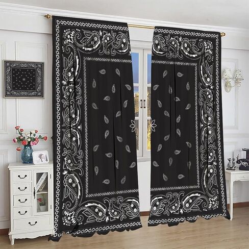 Bandana Curtains White Floral Paisley Black Bandana Pattern Abstract Blackout Rod Pocket Curtains for Bedroom Living Room Kitchen Decor Thermal Insulated Window Drapes 2 Panel Set 42x45 Inch in Saudi Arabia