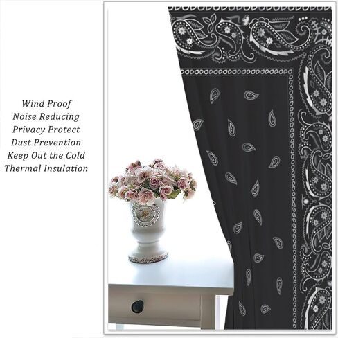 Bandana Curtains White Floral Paisley Black Bandana Pattern Abstract Blackout Rod Pocket Curtains for Bedroom Living Room Kitchen Decor Thermal Insulated Window Drapes 2 Panel Set 42x45 Inch in Saudi Arabia