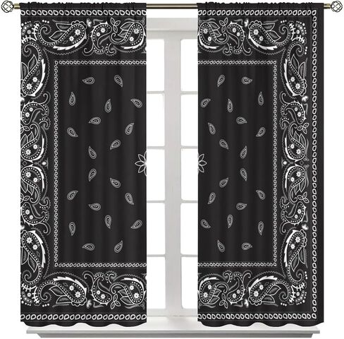Bandana Curtains White Floral Paisley Black Bandana Pattern Abstract Blackout Rod Pocket Curtains for Bedroom Living Room Kitchen Decor Thermal Insulated Window Drapes 2 Panel Set 42x45 Inch in Saudi Arabia