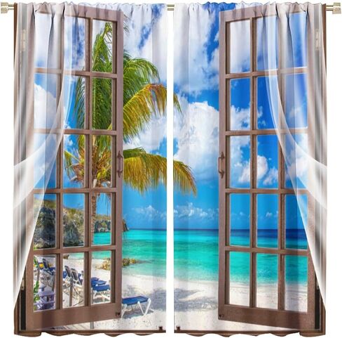 Ocean Beach Curtains,Summer Seaside Scene Tropical Palm Tree Beach Blue Sky Seascape Curtains for Bedroom Living Room Kitchen Window Drapes 2 Panel Set,Total Size 42" x 45" in Saudi Arabia