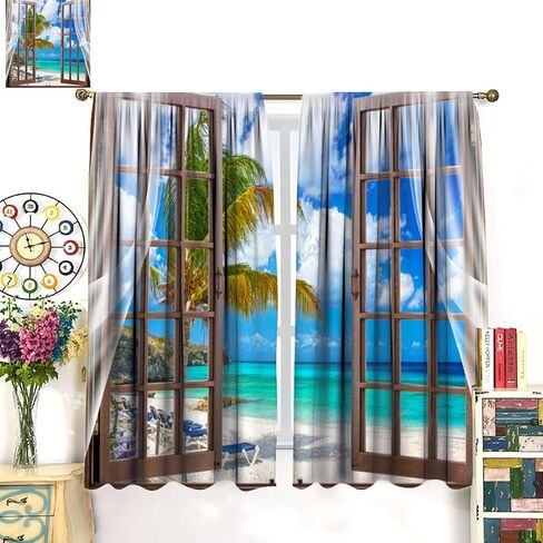 Ocean Beach Curtains,Summer Seaside Scene Tropical Palm Tree Beach Blue Sky Seascape Curtains for Bedroom Living Room Kitchen Window Drapes 2 Panel Set,Total Size 42" x 45" in Saudi Arabia