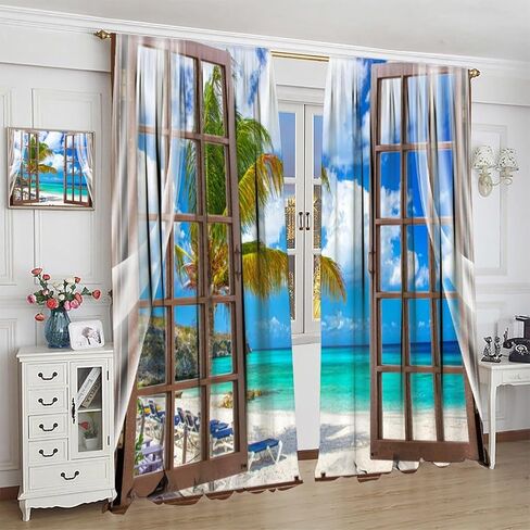 Ocean Beach Curtains,Summer Seaside Scene Tropical Palm Tree Beach Blue Sky Seascape Curtains for Bedroom Living Room Kitchen Window Drapes 2 Panel Set,Total Size 42" x 45" in Saudi Arabia