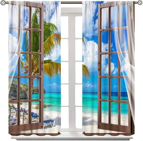 Ocean Beach Curtains,Summer Seaside Scene Tropical Palm Tree Beach Blue Sky Seascape Curtains for Bedroom Living Room Kitchen Window Drapes 2 Panel Set,Total Size 42" x 45" in Saudi Arabia