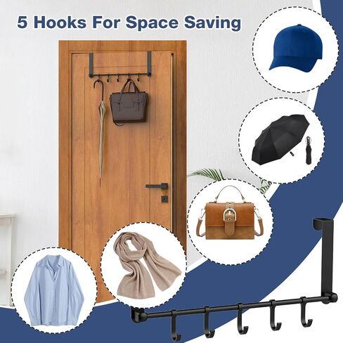 Matte Black Over The Door Hooks - Over The Door Towel Rack with 5 Coat Hooks for Hanging,Door Coat Hanger Towel Hanger Door Hook Hanger,Easy Door Organizer Hanging in Saudi Arabia