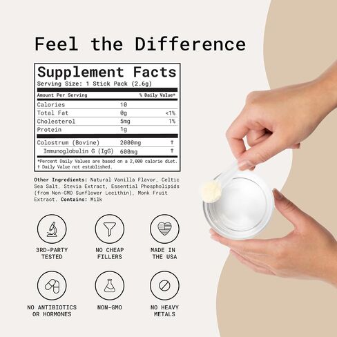Bovine Colostrum Powder - Pure Cow Colostrum Supplement for Humans for Adults & Kids Gut Health, Immunity and Energy, Bovine Powder Naturally High in Immunoglobulin IgG - 30 Sticks, Unflavored in Saudi Arabia