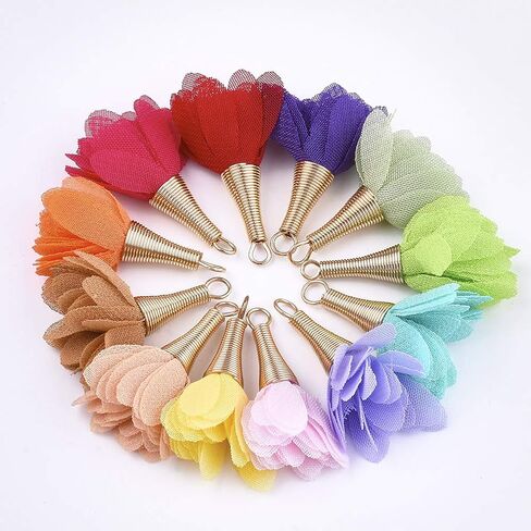 Cheriswelry 200pcs Cloth Fabric Flower Pendants Acrylic Pearl Floral Petal Tassel Charms with Golden Filigree Flower Metal Cap Mixed Color for DIY Earrings Keychain Jewelry Making Crafts 25-32mm in Saudi Arabia