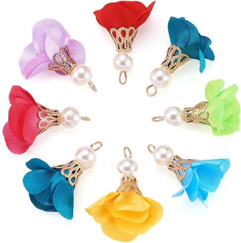 Cheriswelry 200pcs Cloth Fabric Flower Pendants Acrylic Pearl Floral Petal Tassel Charms with Golden Filigree Flower Metal Cap Mixed Color for DIY Earrings Keychain Jewelry Making Crafts 25-32mm in Saudi Arabia