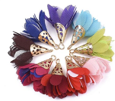 Cheriswelry 200pcs Cloth Fabric Flower Pendants Acrylic Pearl Floral Petal Tassel Charms with Golden Filigree Flower Metal Cap Mixed Color for DIY Earrings Keychain Jewelry Making Crafts 25-32mm in Saudi Arabia