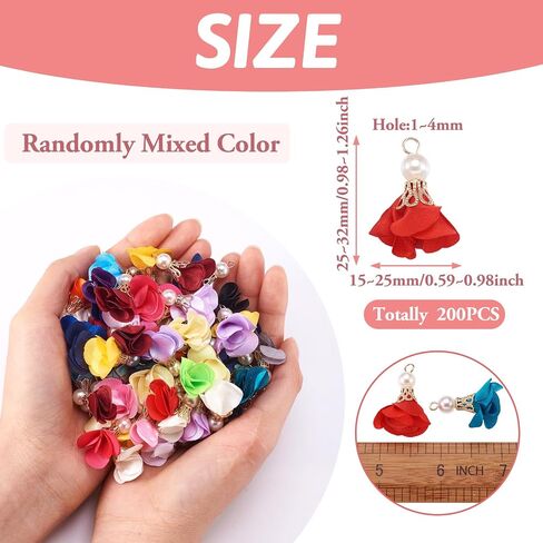 Cheriswelry 200pcs Cloth Fabric Flower Pendants Acrylic Pearl Floral Petal Tassel Charms with Golden Filigree Flower Metal Cap Mixed Color for DIY Earrings Keychain Jewelry Making Crafts 25-32mm in Saudi Arabia