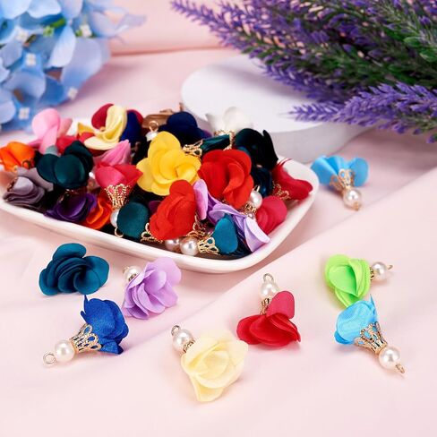 Cheriswelry 200pcs Cloth Fabric Flower Pendants Acrylic Pearl Floral Petal Tassel Charms with Golden Filigree Flower Metal Cap Mixed Color for DIY Earrings Keychain Jewelry Making Crafts 25-32mm in Saudi Arabia