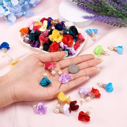 Cheriswelry 200pcs Cloth Fabric Flower Pendants Acrylic Pearl Floral Petal Tassel Charms with Golden Filigree Flower Metal Cap Mixed Color for DIY Earrings Keychain Jewelry Making Crafts 25-32mm in Saudi Arabia
