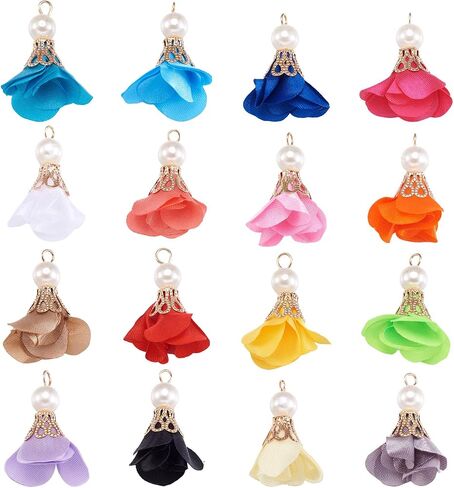 Cheriswelry 200pcs Cloth Fabric Flower Pendants Acrylic Pearl Floral Petal Tassel Charms with Golden Filigree Flower Metal Cap Mixed Color for DIY Earrings Keychain Jewelry Making Crafts 25-32mm in Saudi Arabia