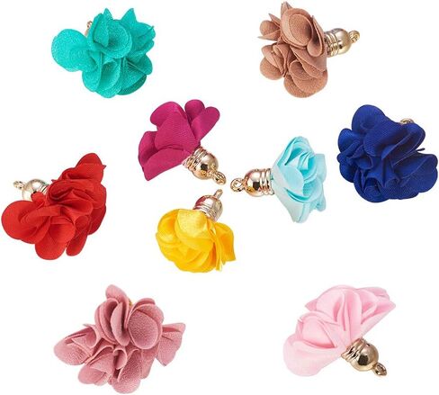 Cheriswelry 200pcs Cloth Fabric Flower Pendants Acrylic Pearl Floral Petal Tassel Charms with Golden Filigree Flower Metal Cap Mixed Color for DIY Earrings Keychain Jewelry Making Crafts 25-32mm in Saudi Arabia