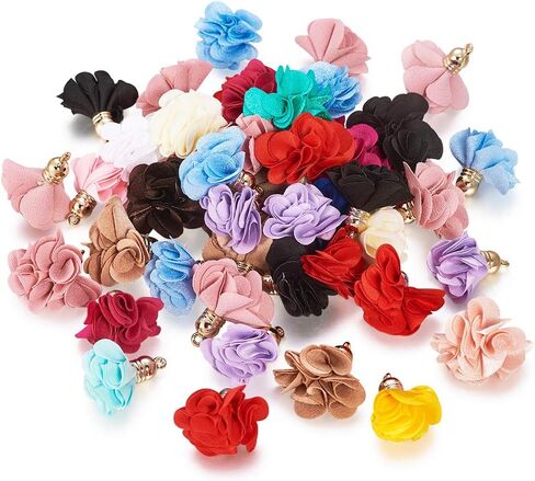 Cheriswelry 200pcs Cloth Fabric Flower Pendants Acrylic Pearl Floral Petal Tassel Charms with Golden Filigree Flower Metal Cap Mixed Color for DIY Earrings Keychain Jewelry Making Crafts 25-32mm in Saudi Arabia
