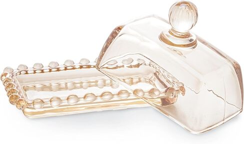 WOLFF - Pearl Crystal Beaded Butter Dish with Lid - Clear Butter Holder for Countertop with Handle Cover, Butter Container - Luxury Glassware Dinner Accessories, Kitchen Utensils - Clear, 4.3x6.7x3" in Saudi Arabia