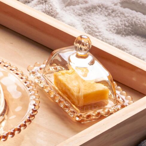 WOLFF - Pearl Crystal Beaded Butter Dish with Lid - Clear Butter Holder for Countertop with Handle Cover, Butter Container - Luxury Glassware Dinner Accessories, Kitchen Utensils - Clear, 4.3x6.7x3" in Saudi Arabia