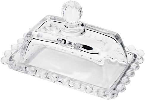 WOLFF - Pearl Crystal Beaded Butter Dish with Lid - Clear Butter Holder for Countertop with Handle Cover, Butter Container - Luxury Glassware Dinner Accessories, Kitchen Utensils - Clear, 4.3x6.7x3" in Saudi Arabia