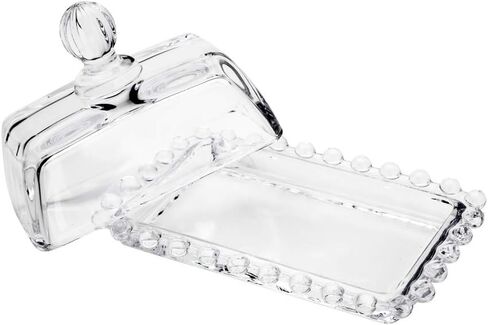 WOLFF - Pearl Crystal Beaded Butter Dish with Lid - Clear Butter Holder for Countertop with Handle Cover, Butter Container - Luxury Glassware Dinner Accessories, Kitchen Utensils - Clear, 4.3x6.7x3" in Saudi Arabia