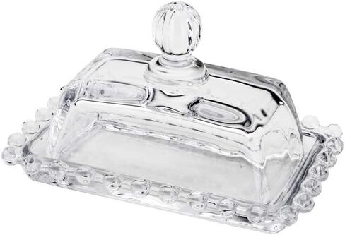 WOLFF - Pearl Crystal Beaded Butter Dish with Lid - Clear Butter Holder for Countertop with Handle Cover, Butter Container - Luxury Glassware Dinner Accessories, Kitchen Utensils - Clear, 4.3x6.7x3" in Saudi Arabia