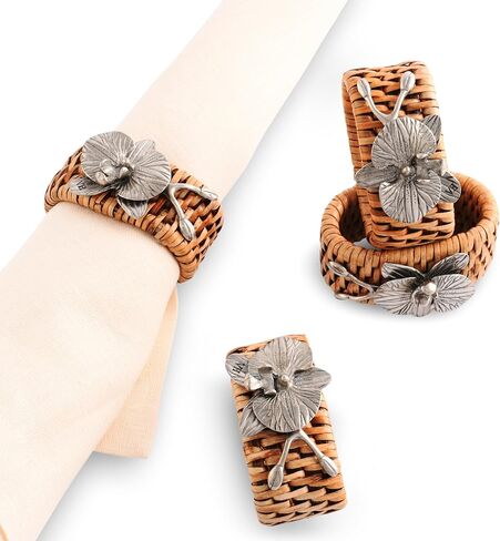 Vagabond House Pewter Anchor Oval Rattan Napkin Rings, Woven Wicker, Natural Eco-Friendly Coastal Decor, Set of 4 for Beach House, Rattan Decor, House Naturals in Saudi Arabia