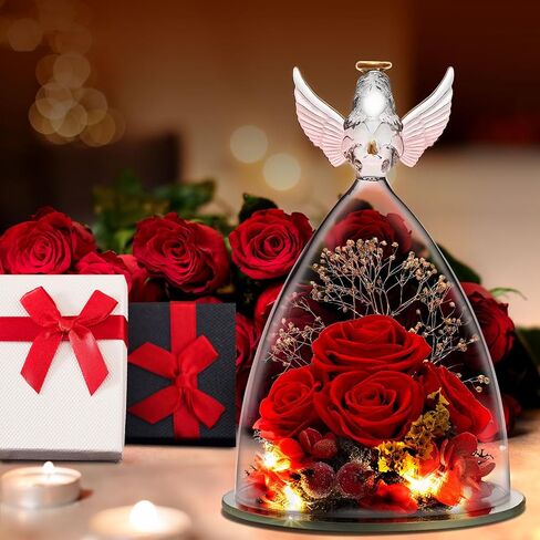 ييباي هدايا زهور محفوظة للنساء، تمثال ملاك مع وردة وضوء، مثالي للكريسماس والذكرى السنوية والزفاف وعيد الحب وعيد الميلاد وعيد الشكر للنساء in Kuwait
