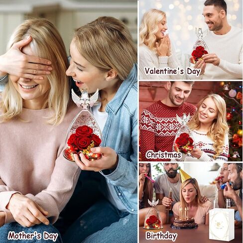 ييباي هدايا زهور محفوظة للنساء، تمثال ملاك مع وردة وضوء، مثالي للكريسماس والذكرى السنوية والزفاف وعيد الحب وعيد الميلاد وعيد الشكر للنساء in Kuwait