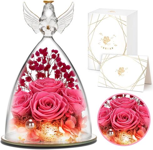 YEEBAY Preserved Flowers Gifts for Women, Mom Wife Grandma, Angel Figurine with Rose and Light, Ideal Christmas, Anniversary, Wedding, Valentine's Day, Birthday, Thanksgiving Day Gift for Her in Saudi Arabia