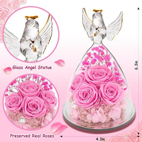 YEEBAY Preserved Flowers Gifts for Women, Mom Wife Grandma, Angel Figurine with Rose and Light, Ideal Christmas, Anniversary, Wedding, Valentine's Day, Birthday, Thanksgiving Day Gift for Her in Saudi Arabia