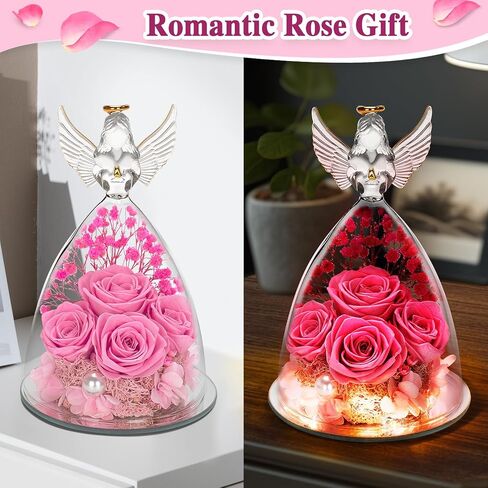 YEEBAY Preserved Flowers Gifts for Women, Mom Wife Grandma, Angel Figurine with Rose and Light, Ideal Christmas, Anniversary, Wedding, Valentine's Day, Birthday, Thanksgiving Day Gift for Her in Saudi Arabia