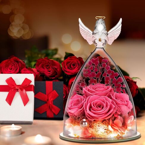 YEEBAY Preserved Flowers Gifts for Women, Mom Wife Grandma, Angel Figurine with Rose and Light, Ideal Christmas, Anniversary, Wedding, Valentine's Day, Birthday, Thanksgiving Day Gift for Her in Saudi Arabia