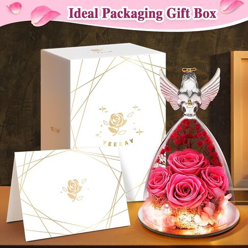 YEEBAY Preserved Flowers Gifts for Women, Mom Wife Grandma, Angel Figurine with Rose and Light, Ideal Christmas, Anniversary, Wedding, Valentine's Day, Birthday, Thanksgiving Day Gift for Her in Saudi Arabia