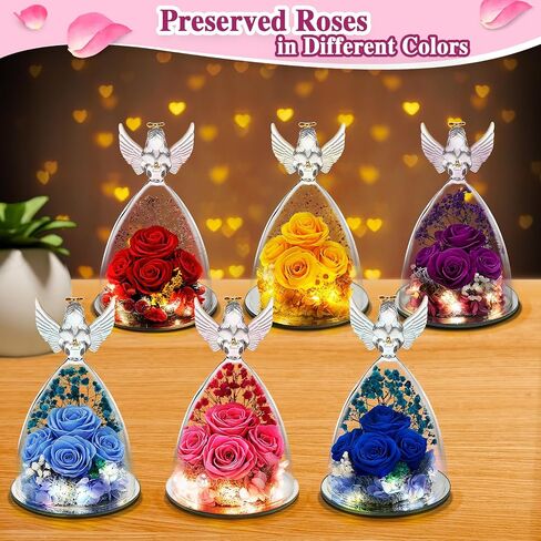 YEEBAY Preserved Flowers Gifts for Women, Mom Wife Grandma, Angel Figurine with Rose and Light, Ideal Christmas, Anniversary, Wedding, Valentine's Day, Birthday, Thanksgiving Day Gift for Her in Saudi Arabia
