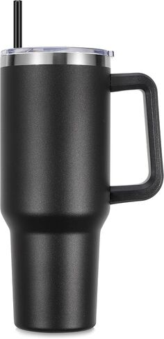 DOMICARE 40 oz Tumbler with Handle and Straw, Stainless Steel Tumbler with Lid and Straw, Reusable Vacuum Insulated Cup, Travel Coffee Mug, Black, 1Pack in Saudi Arabia