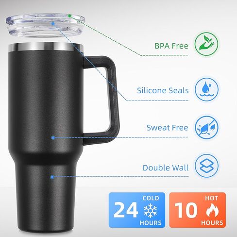DOMICARE 40 oz Tumbler with Handle and Straw, Stainless Steel Tumbler with Lid and Straw, Reusable Vacuum Insulated Cup, Travel Coffee Mug, Black, 1Pack in Saudi Arabia