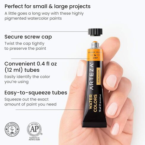 ARTEZA Watercolor Paint Set, 12 Colors in 12 ml/0.4 US fl oz Tubes, Premium Non Toxic Water Colors Paint for Adults, Artists & Hobby Painters, Vibrant Watercolor Paints in Saudi Arabia