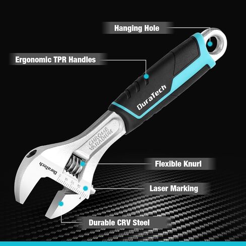 DURATECH 6-Inch Adjustable Wrench, Cr-V Steel Wrench, Wide Jaw Wrench, Metric & SAE Scales, for Home, Garage, Workshop and DIY in Kuwait
